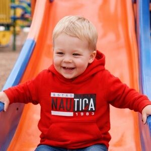 Nautica Red Pullover Hoodie Toddler kids 2T Front Graphic Logo Kangaroo Pockets